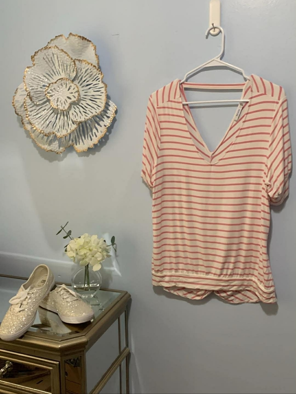 Striped V-Neck Short Sleeve Top - Pink/White